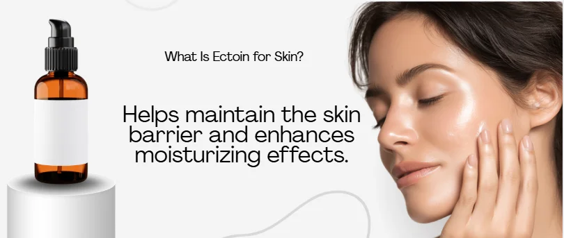 Amber bottle of skincare product on pedestal with text about ectoin's benefits for skin barrier and moisturizing effects.